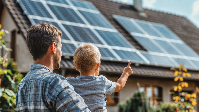 Vater mit Kind vor Haus mit Solarmodulen