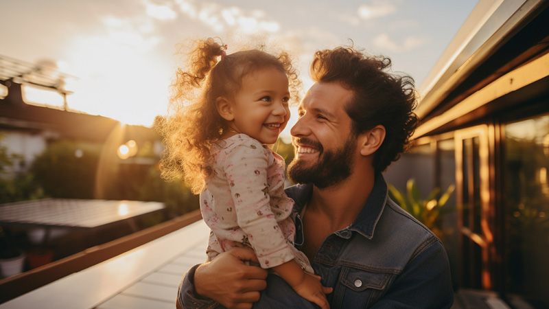 Vater mit Kind vor Sonnenuntergang